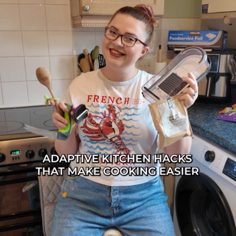 Jenni sat on a wheelie stool in her kitchen holding a variety of adaptive kitchen hacks